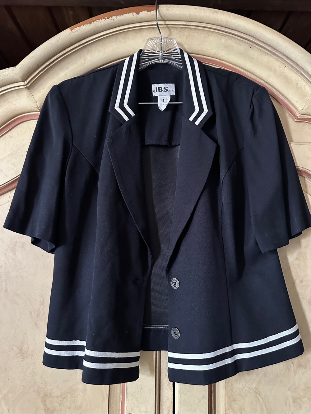 J.B.S. Navy Short-Sleeve Blazer with White Striped Trim size 12